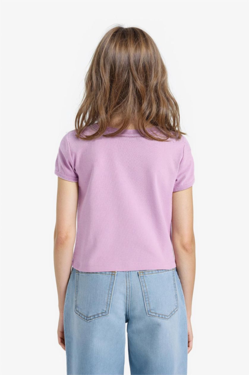 Kız Çocuk - Genç Kız Lila Fitted Bisiklet Yaka Baskılı Ribana Kısa Kollu Tişört Kız Çocuk