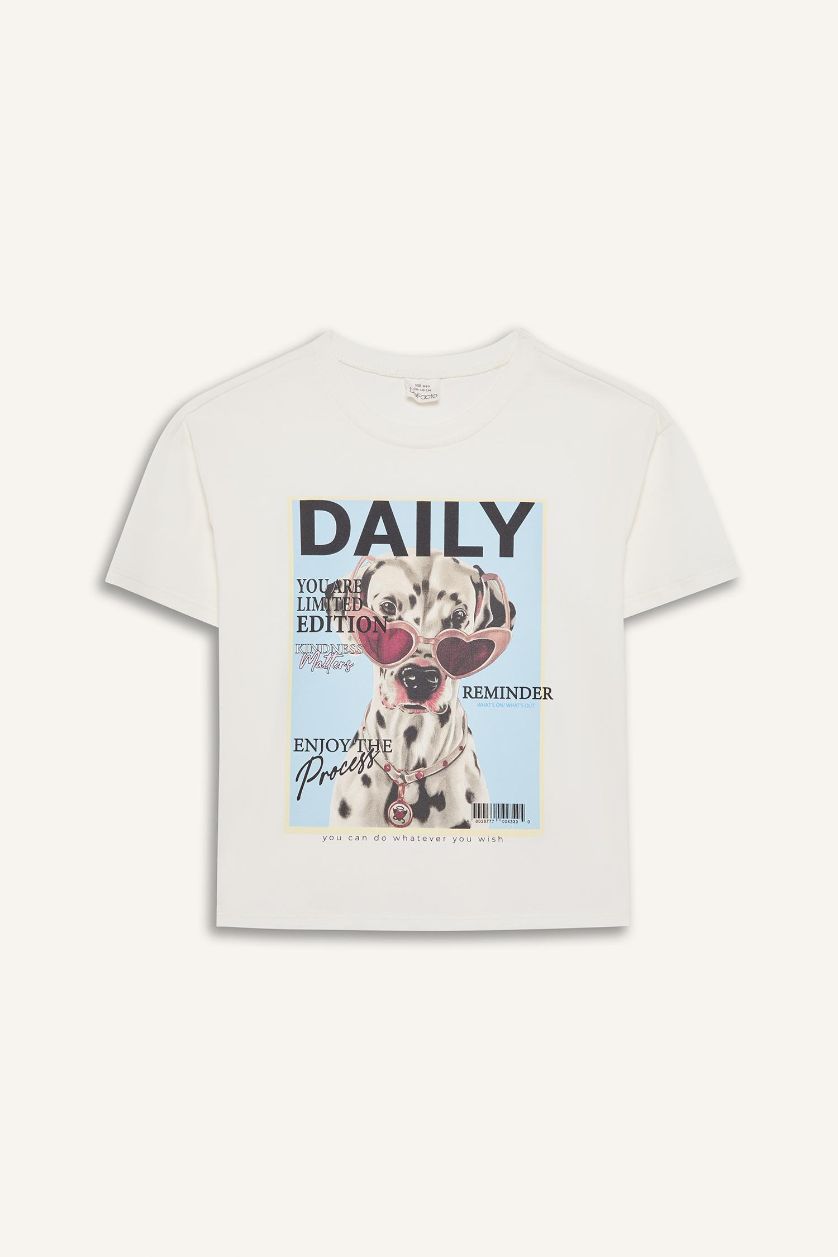 Kız Çocuk - Genç Kız Ekru Relax Fit Bisiklet Yaka Baskılı Kısa Kollu Tişört Kız Çocuk