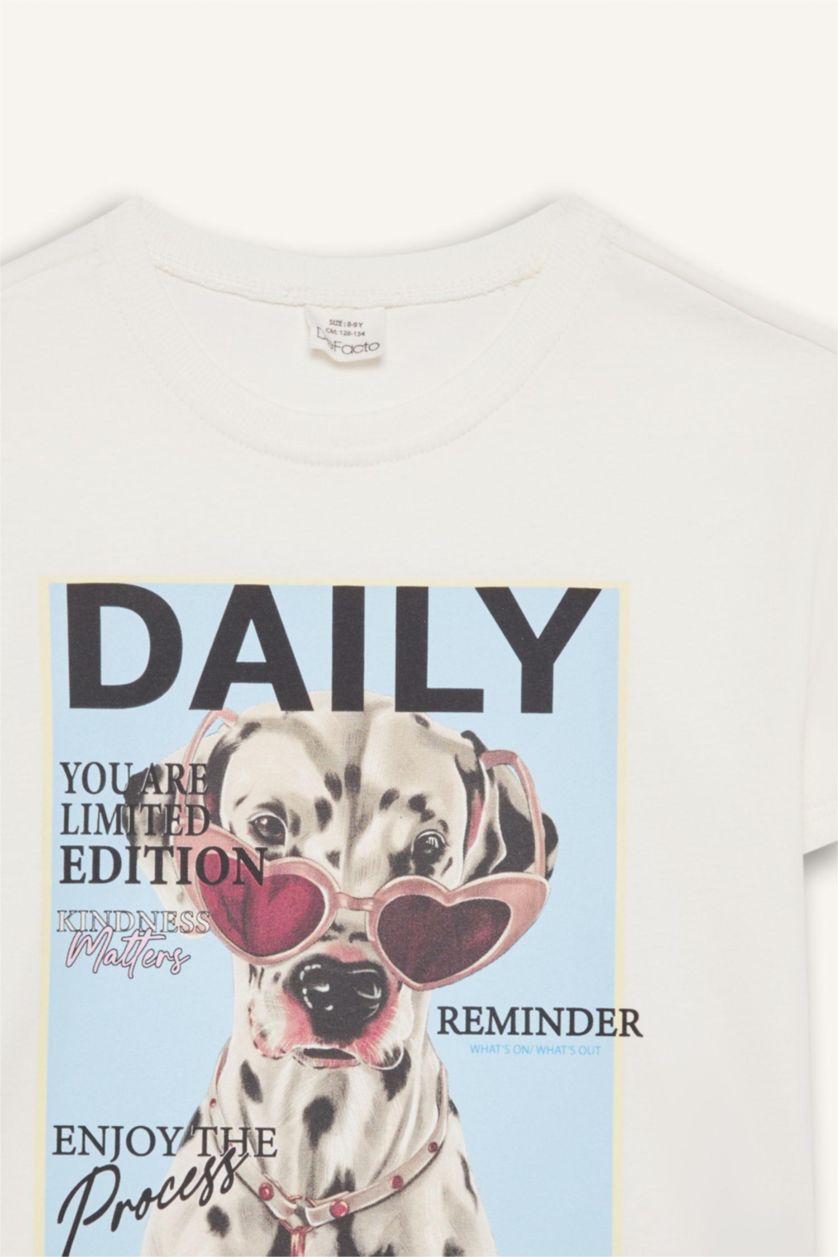 Kız Çocuk - Genç Kız Ekru Relax Fit Bisiklet Yaka Baskılı Kısa Kollu Tişört Kız Çocuk