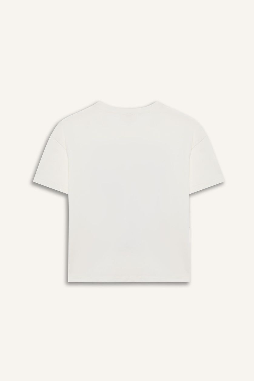 Kız Çocuk - Genç Kız Ekru Relax Fit Bisiklet Yaka Baskılı Kısa Kollu Tişört Kız Çocuk