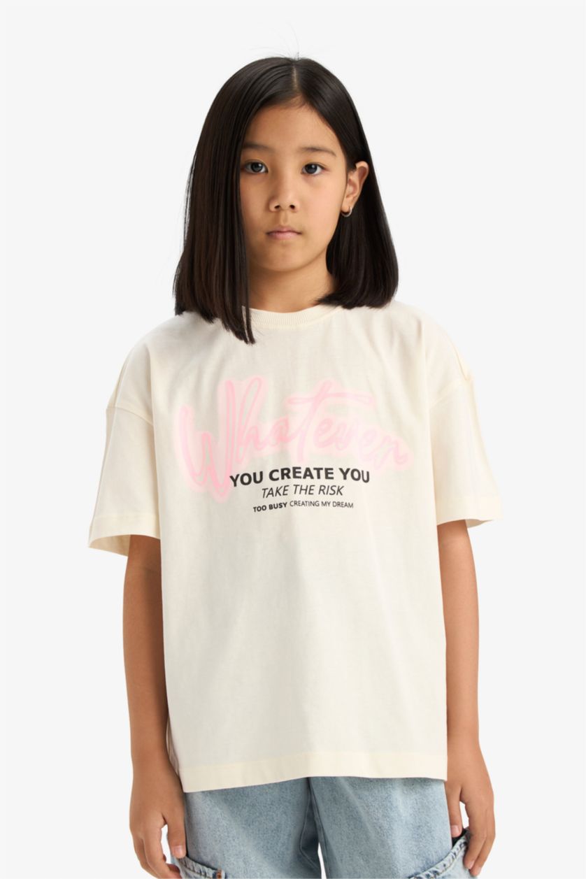 Kız Çocuk - Genç Kız Ekru Oversize Geniş Kalıp Bisiklet Yaka Sırt Baskılı Kısa Kollu Tişört Kız Çocuk