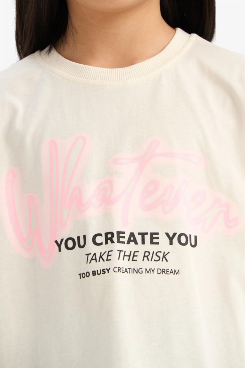 Kız Çocuk - Genç Kız Ekru Oversize Geniş Kalıp Bisiklet Yaka Sırt Baskılı Kısa Kollu Tişört Kız Çocuk