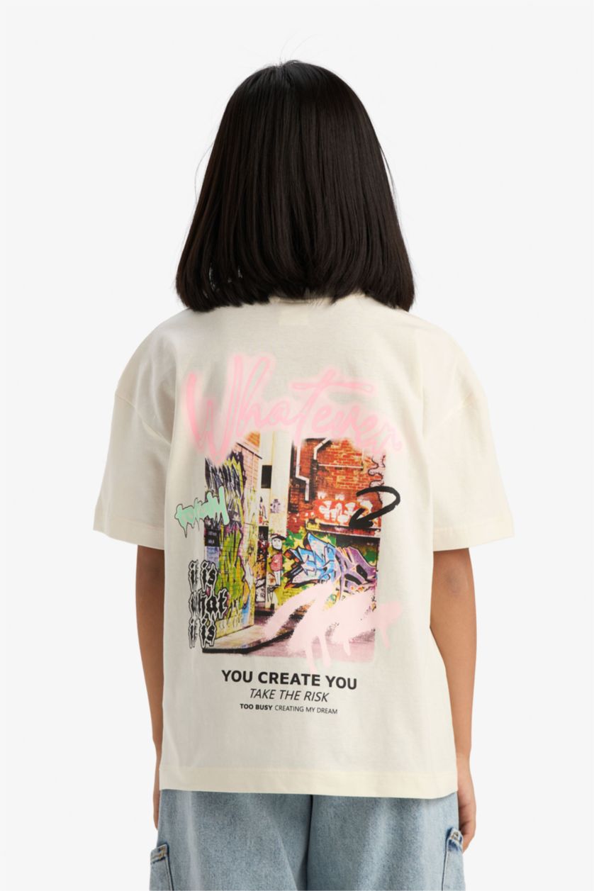 Kız Çocuk - Genç Kız Ekru Oversize Geniş Kalıp Bisiklet Yaka Sırt Baskılı Kısa Kollu Tişört Kız Çocuk