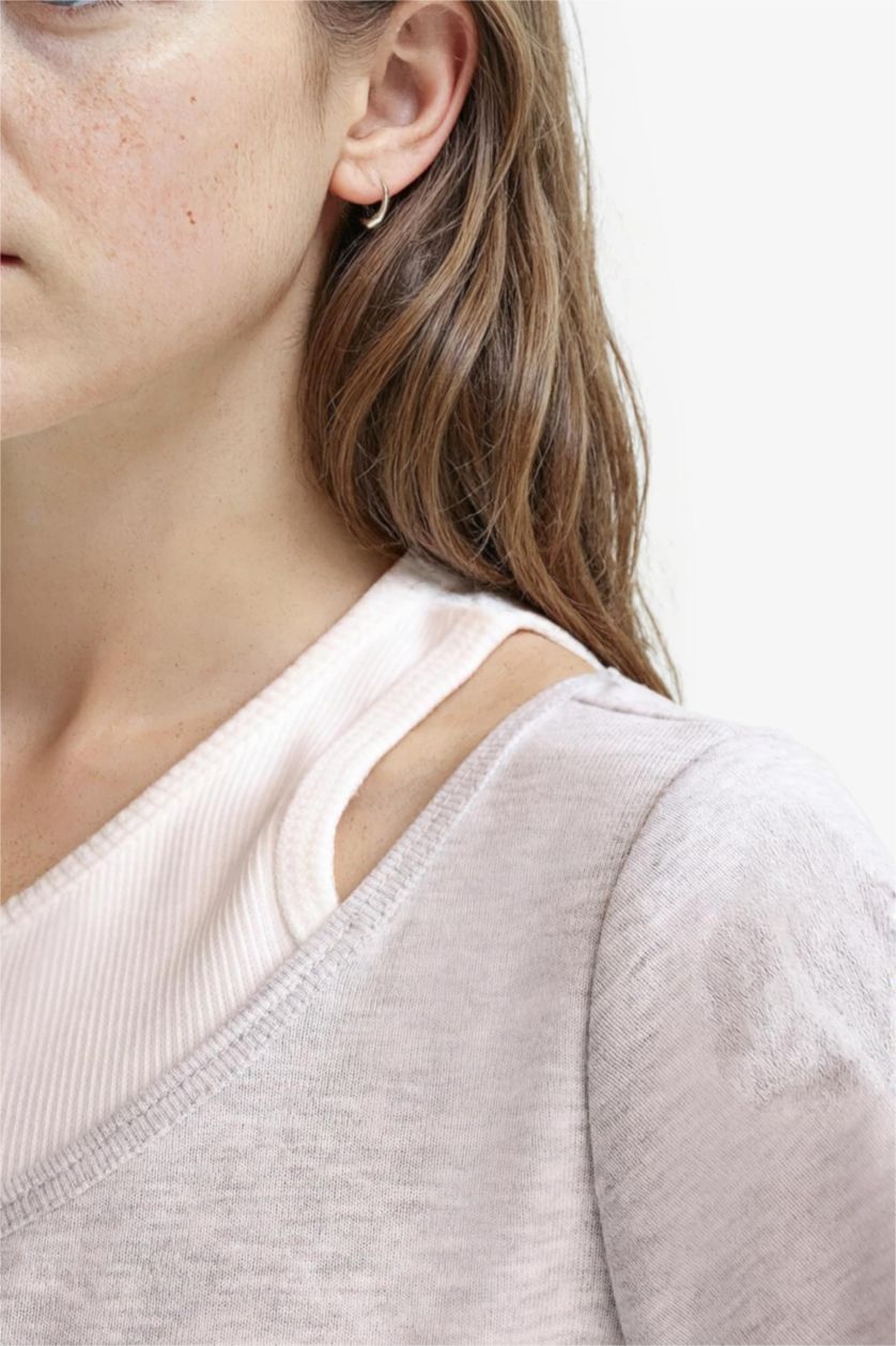 Kız Çocuk - Genç Kız Açık Gri Melange Cropped Fit Bisiklet Yaka Ribana Kısa Kollu Tişört Kız Çocuk