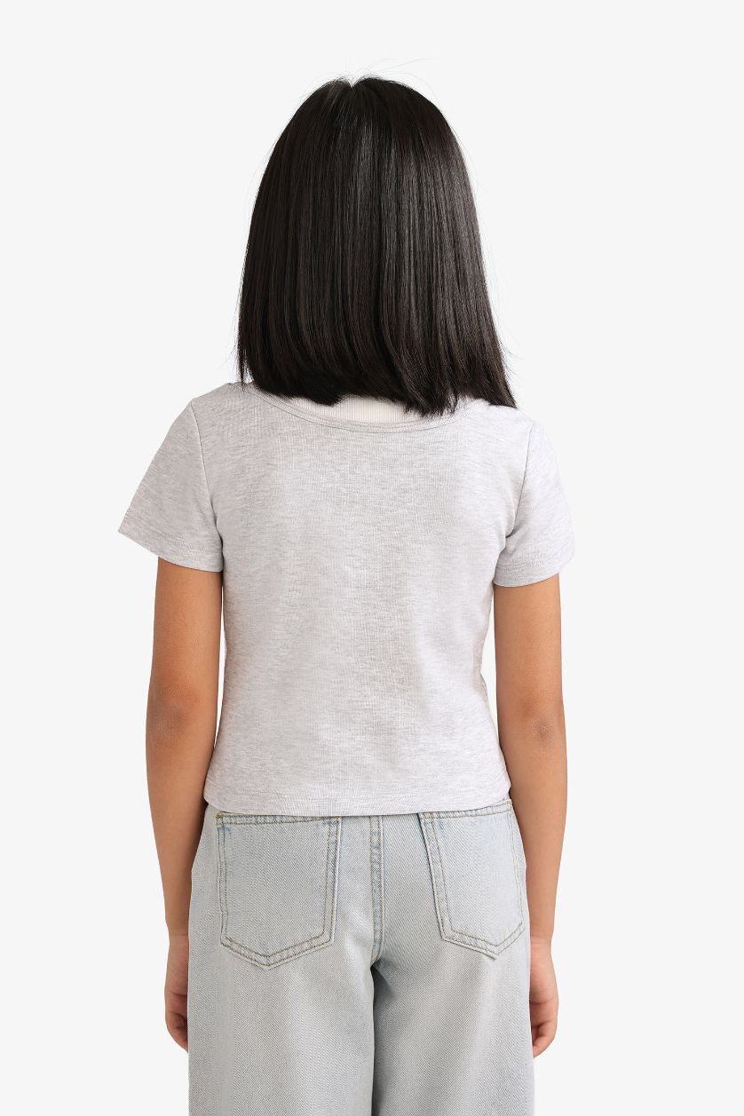 Kız Çocuk - Genç Kız Açık Gri Melange Cropped Fit Bisiklet Yaka Ribana Kısa Kollu Tişört Kız Çocuk