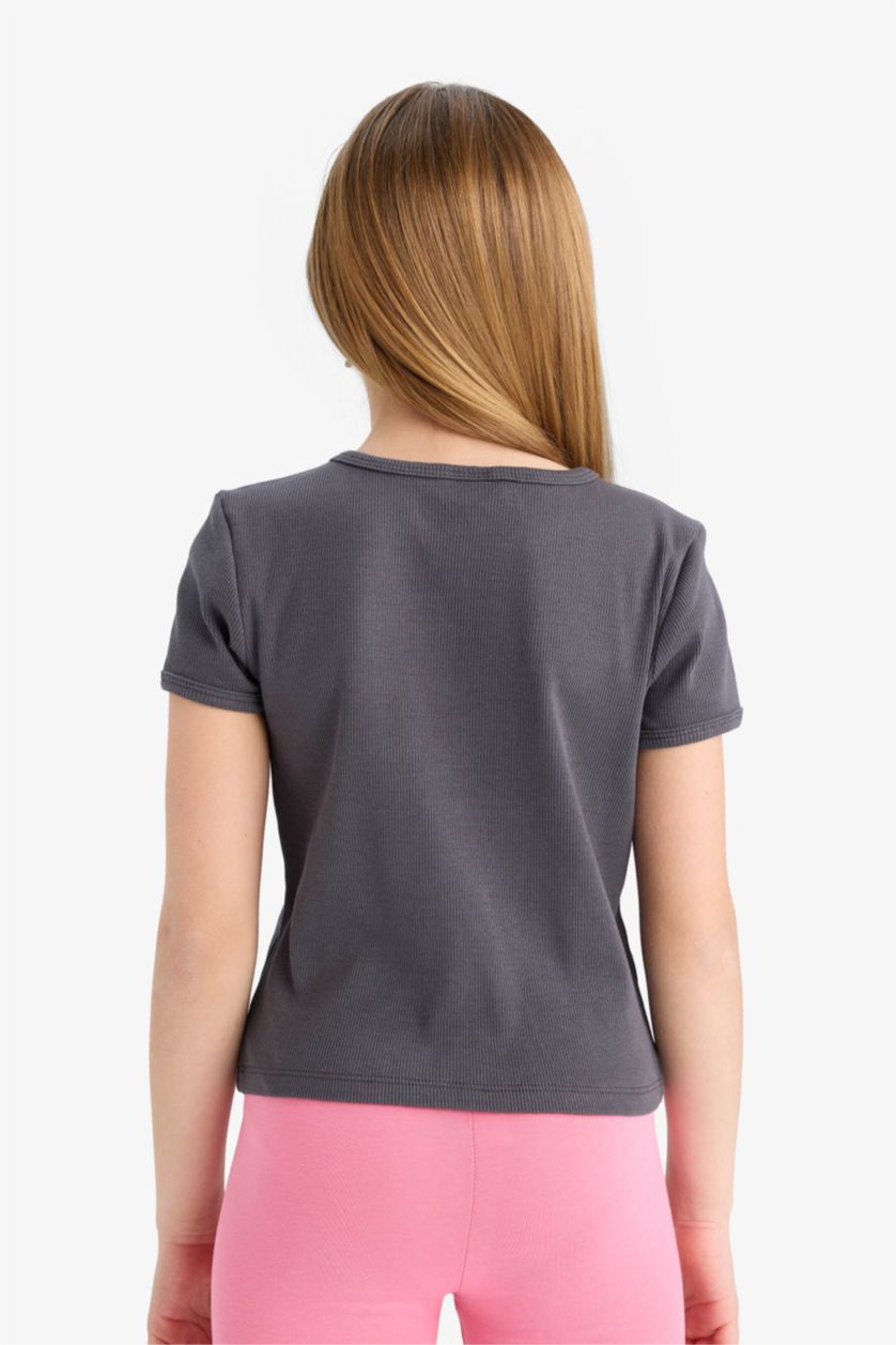 بنات أنثرا تيشيرت بناتي نص ردن مضلع مخصر بياخة مستديرة