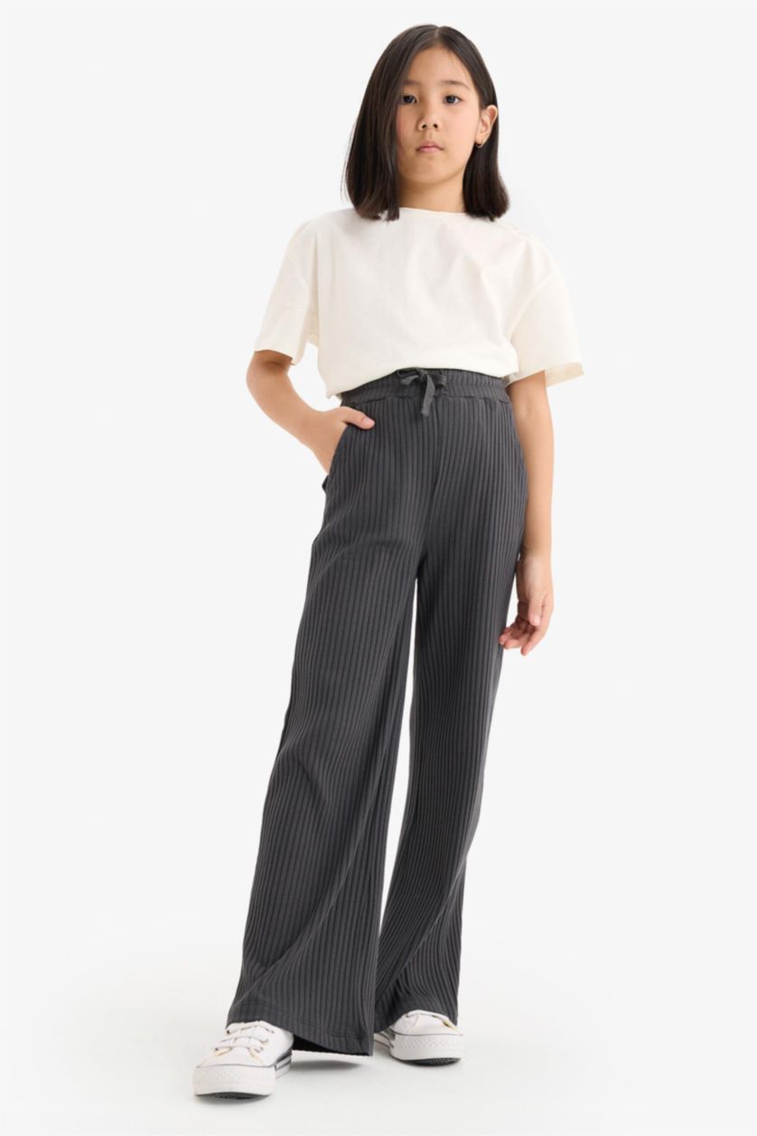 Girls & Teens Anthracite Girl Elastic Waist Ribbed Wide Leg Trousers