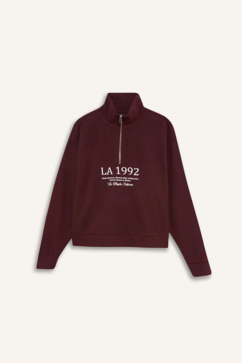 Kadın Bordo Regular Fit Yarım Fermuarlı Baskılı Sweatshirt