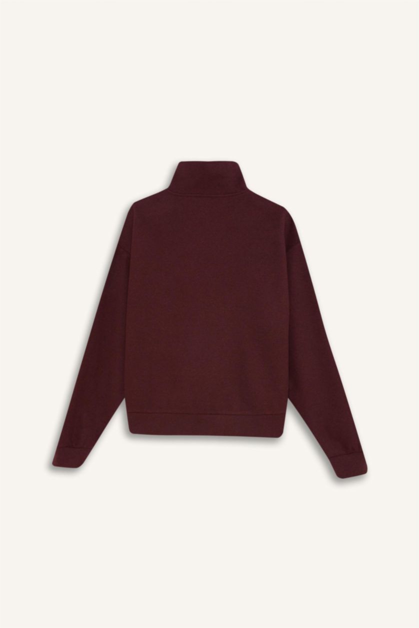Kadın Bordo Regular Fit Yarım Fermuarlı Baskılı Sweatshirt