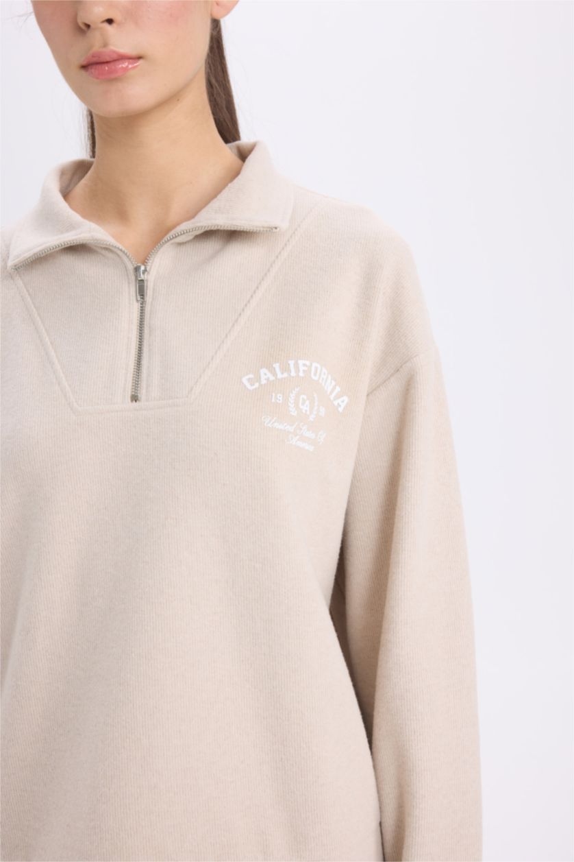 WOMAN Beige Regular Fit Printed Long Sleeve Sweatshirt