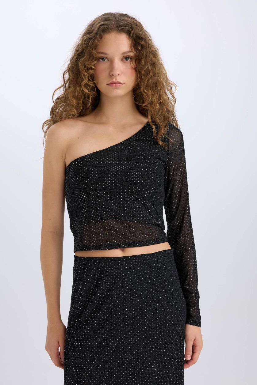 FEMME Noir T-shirt Slim à manche longue à une épaule