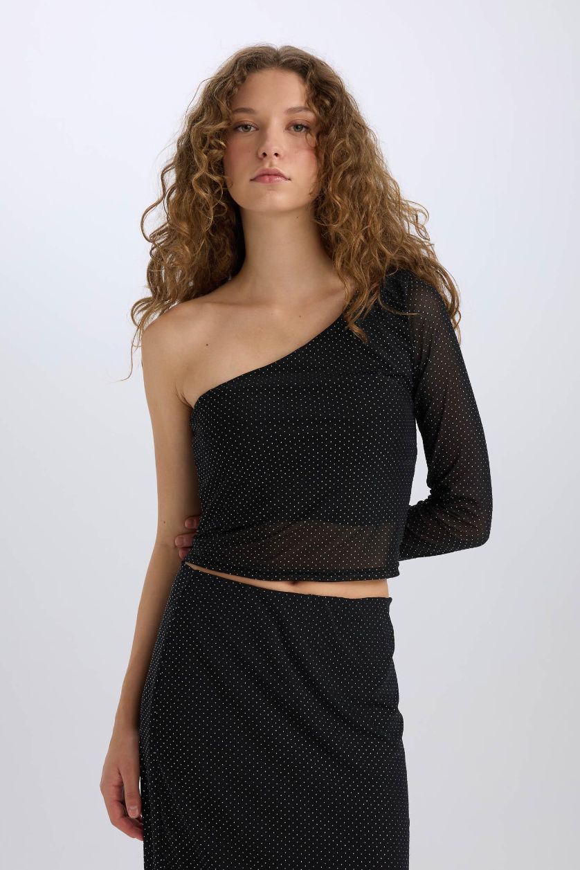 FEMME Noir T-shirt Slim à manche longue à une épaule