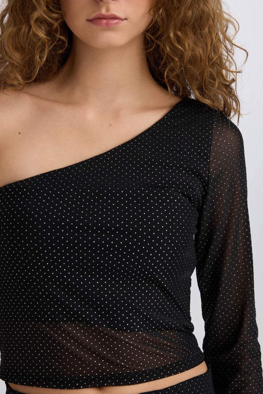 FEMME Noir T-shirt Slim à manche longue à une épaule