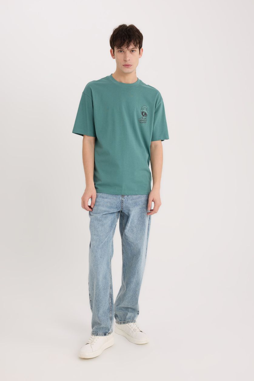 Erkek Yeşil %100 Pamuk Looney Tunes Boxy Fit Bisiklet Yaka Sırt Baskılı Kısa Kollu Tişört