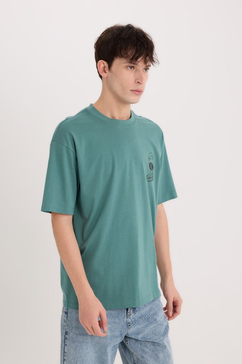 Erkek Yeşil %100 Pamuk Looney Tunes Boxy Fit Bisiklet Yaka Sırt Baskılı Kısa Kollu Tişört