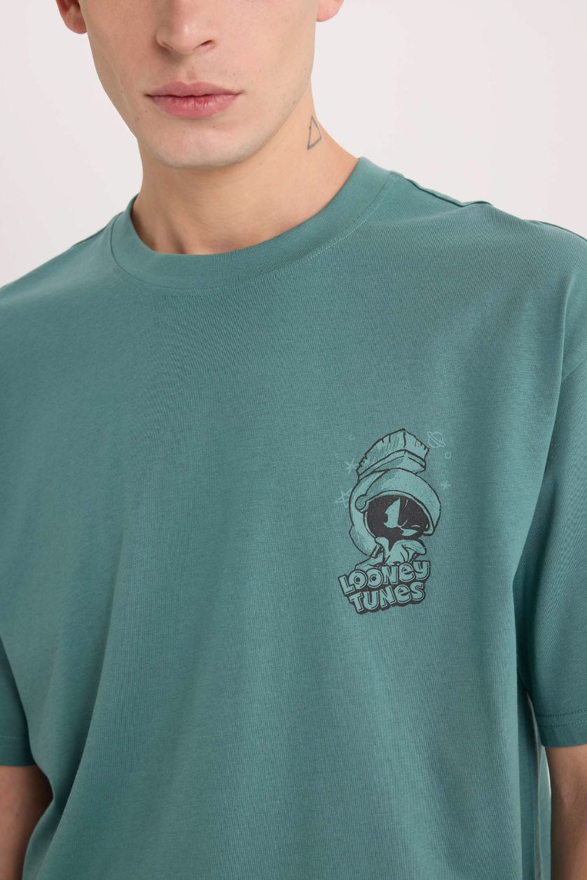Erkek Yeşil %100 Pamuk Looney Tunes Boxy Fit Bisiklet Yaka Sırt Baskılı Kısa Kollu Tişört