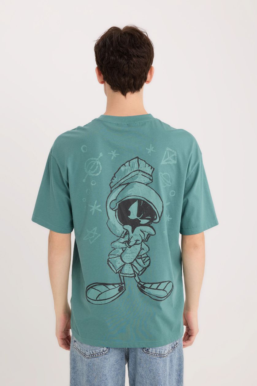 Erkek Yeşil %100 Pamuk Looney Tunes Boxy Fit Bisiklet Yaka Sırt Baskılı Kısa Kollu Tişört