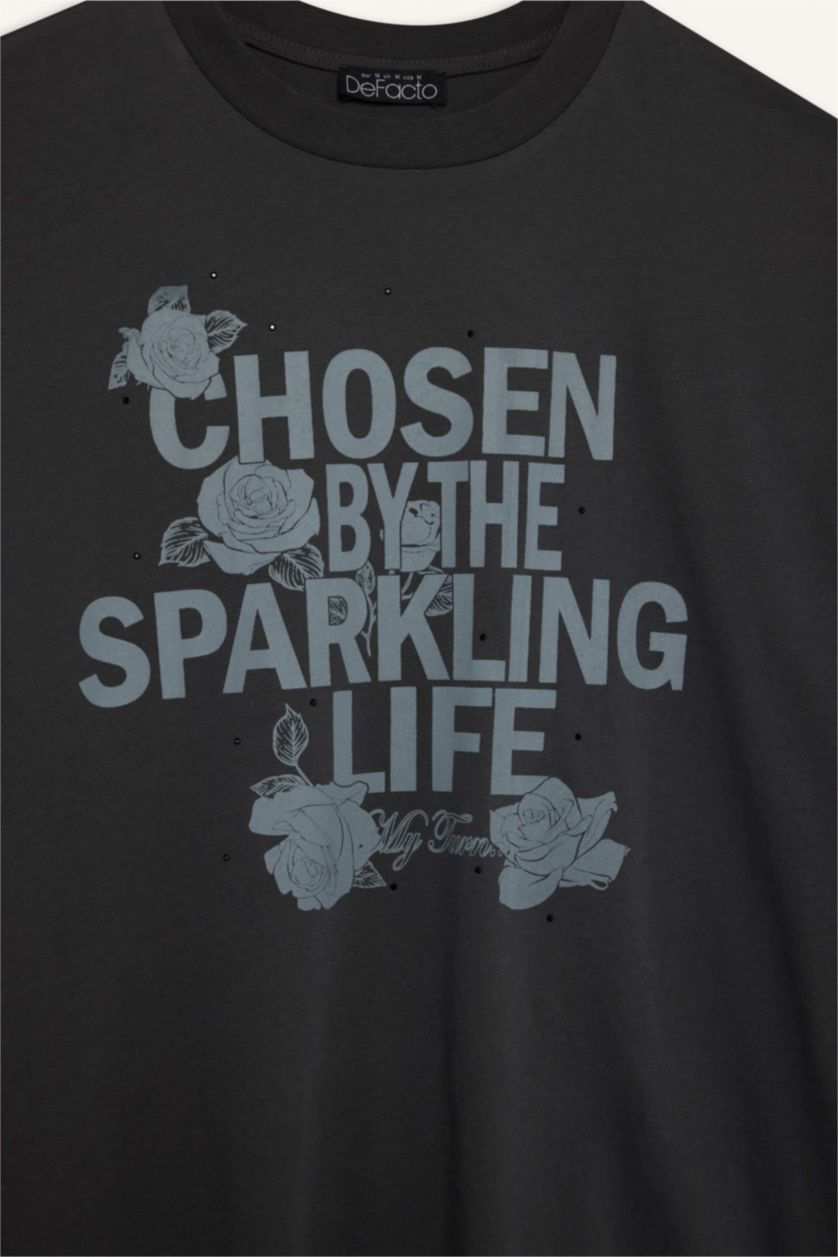 Kadın Antrasit Oversize Geniş Kalıp Bisiklet Yaka Baskılı Kısa Kollu Tişört