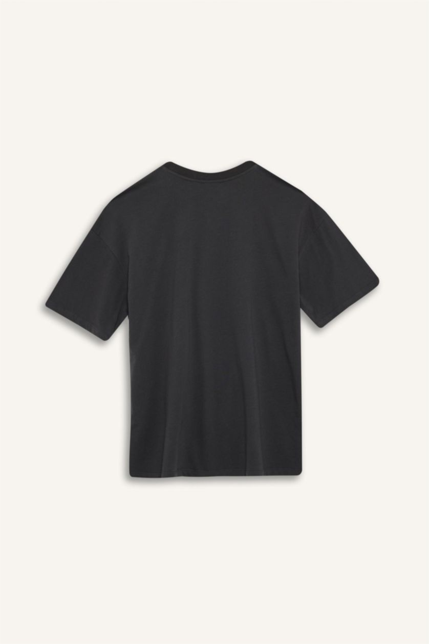 Kadın Antrasit Oversize Geniş Kalıp Bisiklet Yaka Baskılı Kısa Kollu Tişört