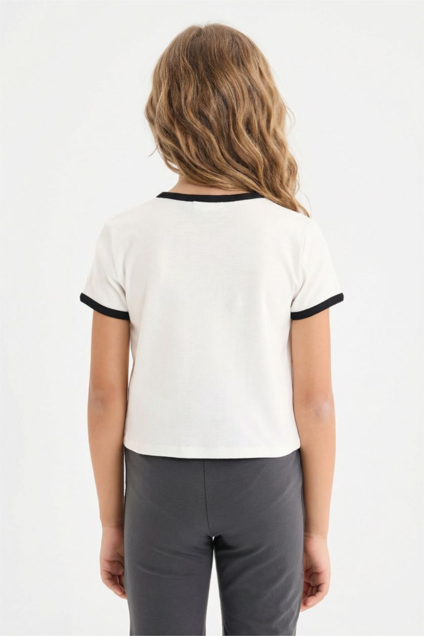 Kız Çocuk - Genç Kız Ekru Slim Fit Dar Kesim Bisiklet Yaka Baskılı Fitilli Kaşkorse Kısa Kollu Tişört Kız Çocuk