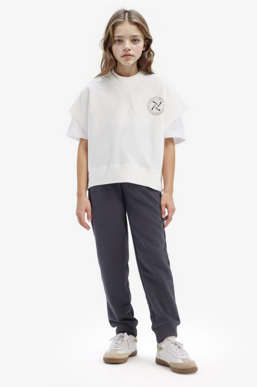 Kız Çocuk - Genç Kız Ekru Oversize Geniş Kalıp Bisiklet Yaka Kısa Kollu Baskılı Sweatshirt Kız Çocuk