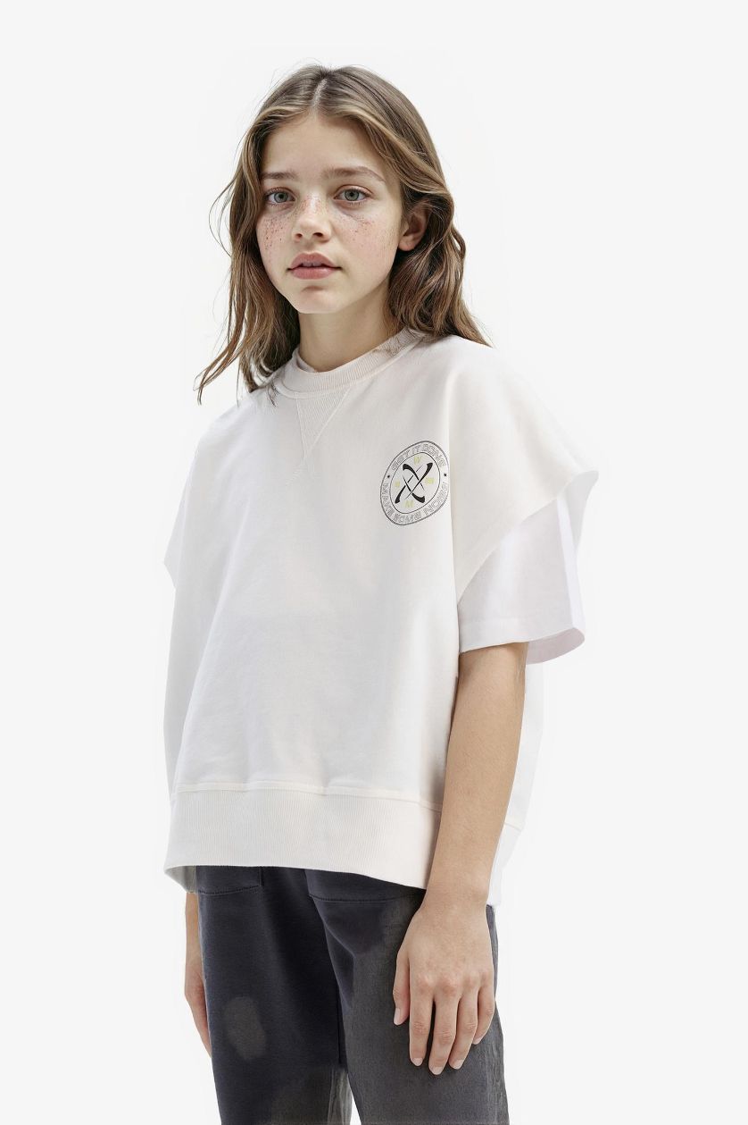 Kız Çocuk - Genç Kız Ekru Oversize Geniş Kalıp Bisiklet Yaka Kısa Kollu Baskılı Sweatshirt Kız Çocuk