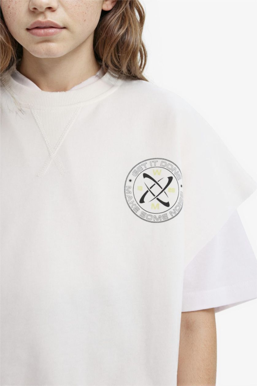 Kız Çocuk - Genç Kız Ekru Oversize Geniş Kalıp Bisiklet Yaka Kısa Kollu Baskılı Sweatshirt Kız Çocuk