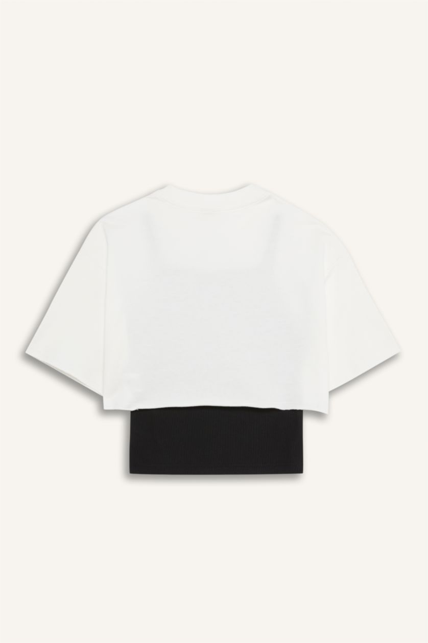 بنات بيج فاتح تيشيرت بناتي نص ردن بطبعة شعار بياخة مستديرة