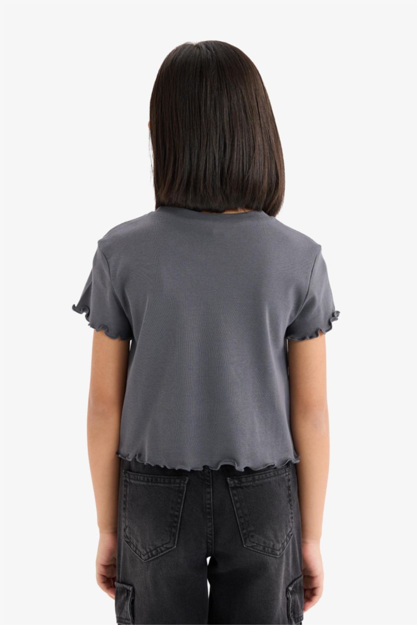 Kız Çocuk - Genç Kız Antrasit Kuromi Cropped Fit Bisiklet Yaka Ribana Kısa Kollu Tişört Kız Çocuk