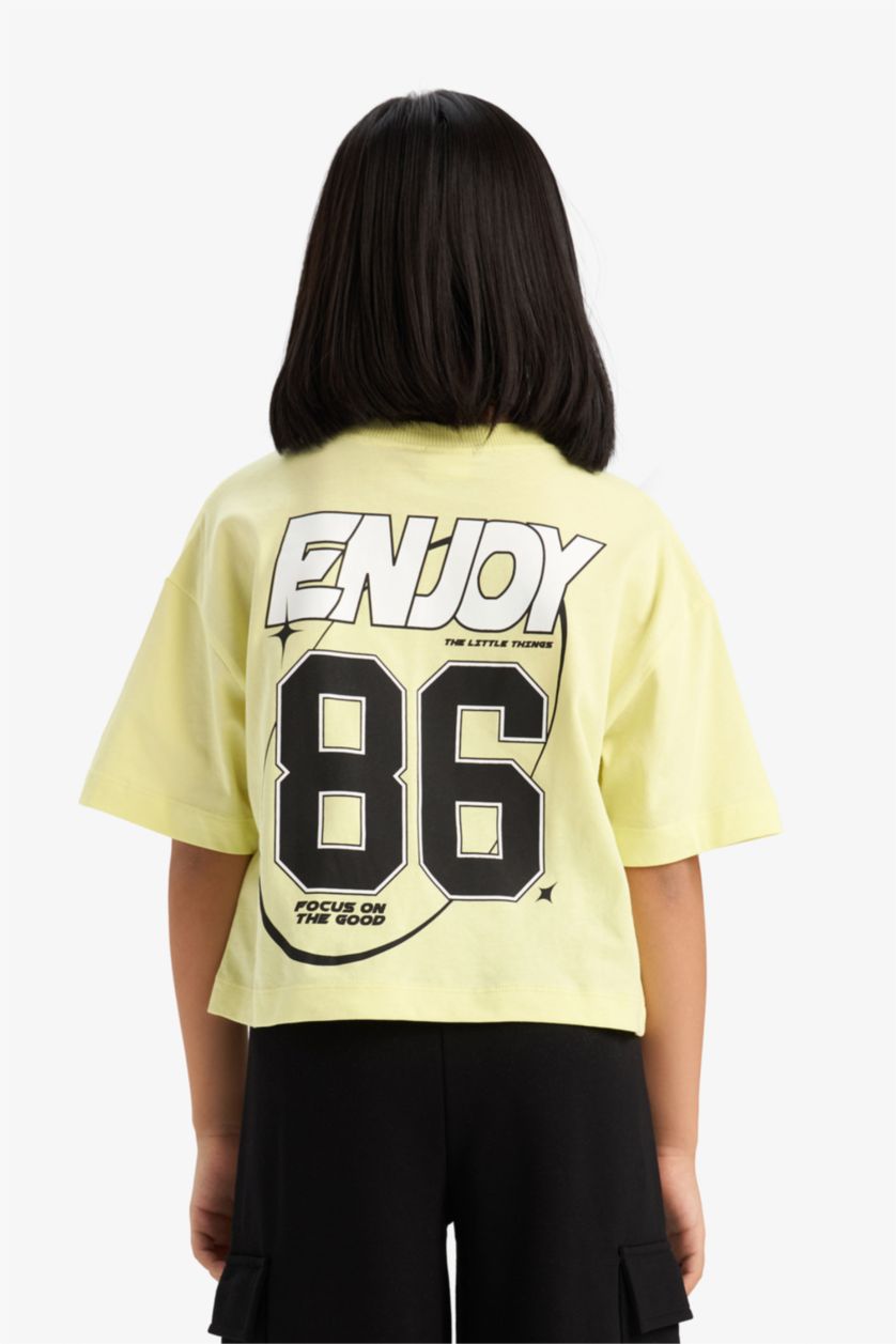 Kız Çocuk - Genç Kız Açık Sarı Oversize Geniş Kalıp Bisiklet Yaka Sırt Baskılı Kısa Kollu Tişört Kız Çocuk