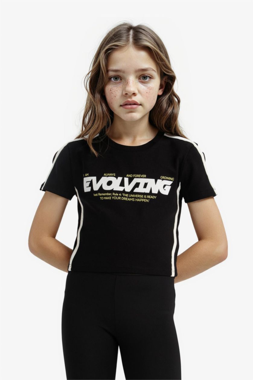 Girls & Teens Black Girl Slim Fit Slogan Printed Corduroy T-Shirt