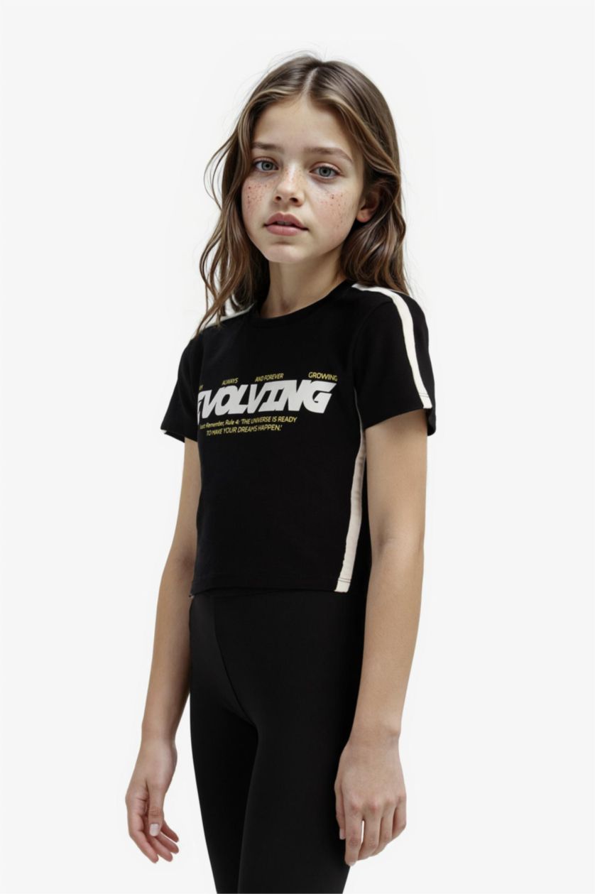 Girls & Teens Black Girl Slim Fit Slogan Printed Corduroy T-Shirt