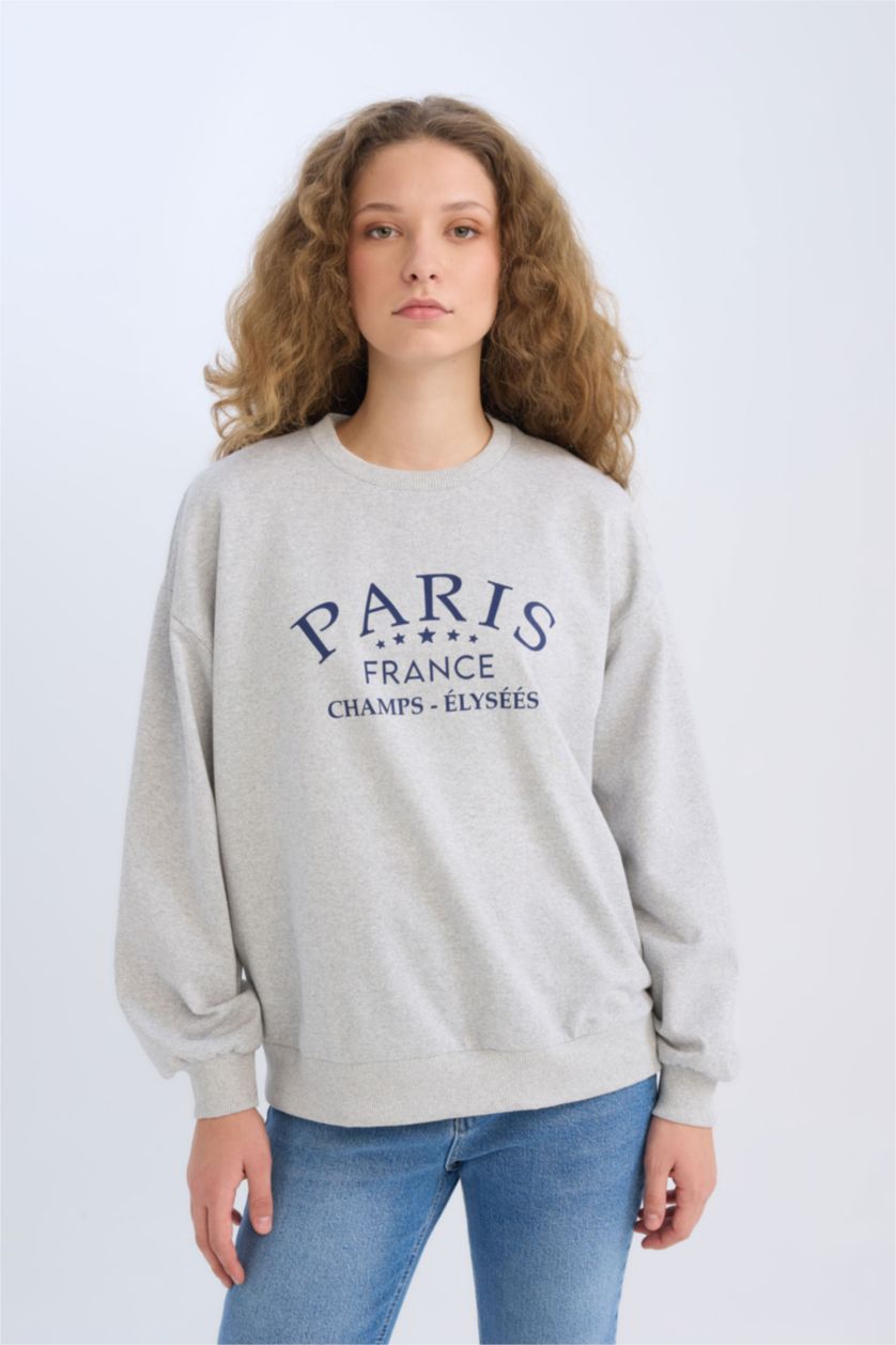 Kadın Gri Melanj Relax Fıt Sweatshirt Kumaşı Sweatshirt