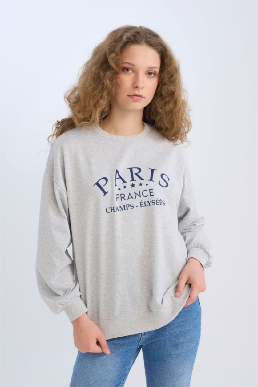 Kadın Gri Melanj Relax Fıt Sweatshirt Kumaşı Sweatshirt