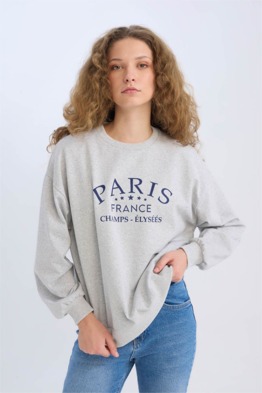 Kadın Gri Melanj Relax Fıt Sweatshirt Kumaşı Sweatshirt