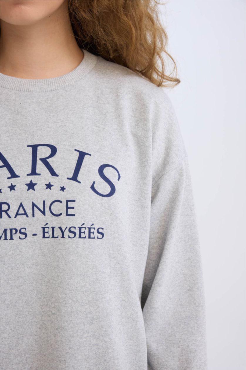 Kadın Gri Melanj Relax Fıt Sweatshirt Kumaşı Sweatshirt