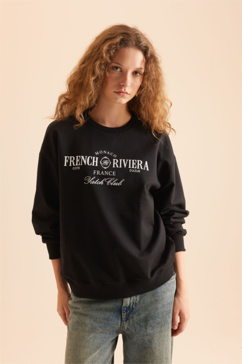 Kadın Siyah Relax Fit Bisiklet Yaka Baskılı Sweatshirt