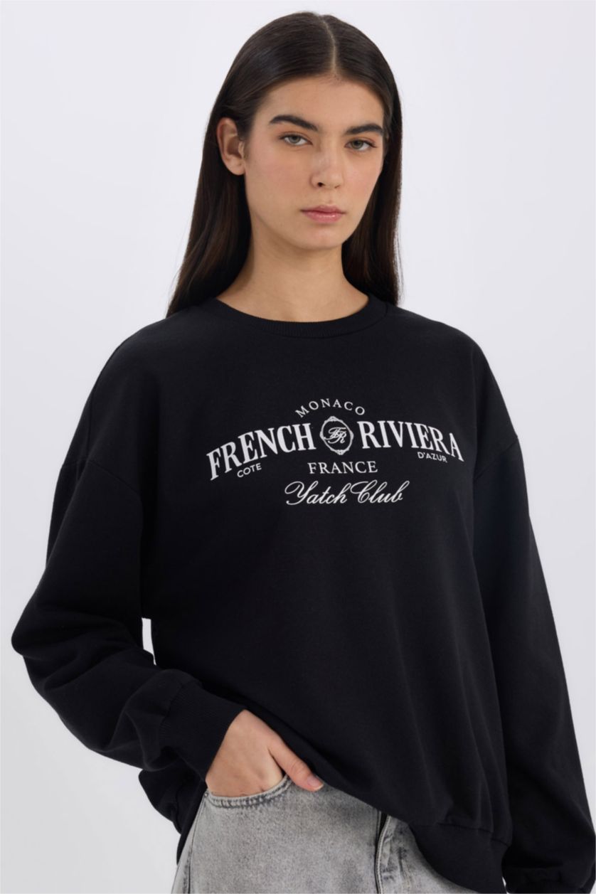 Kadın Siyah Relax Fit Bisiklet Yaka Baskılı Sweatshirt