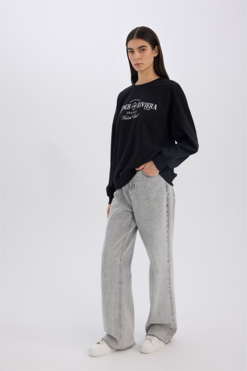 Kadın Siyah Relax Fit Bisiklet Yaka Baskılı Sweatshirt