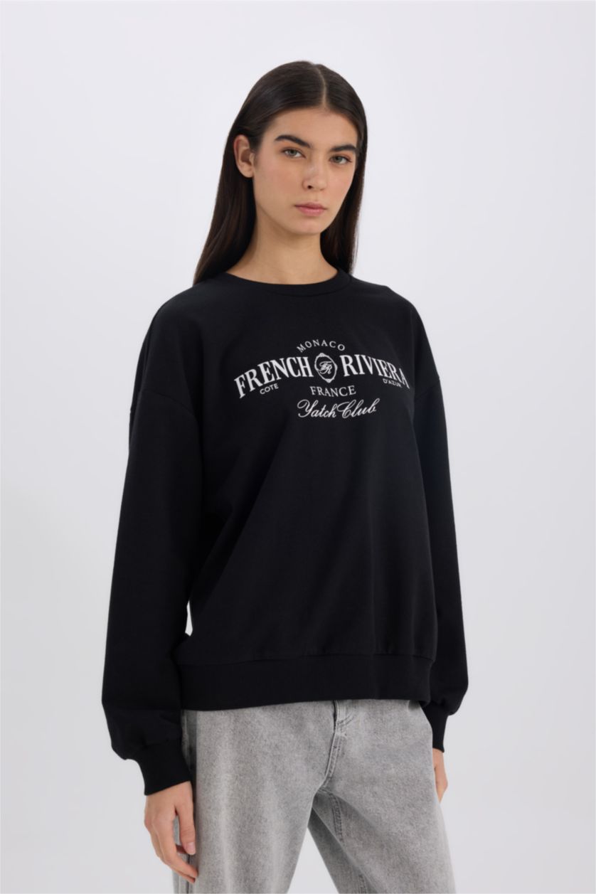 Kadın Siyah Relax Fit Bisiklet Yaka Baskılı Sweatshirt