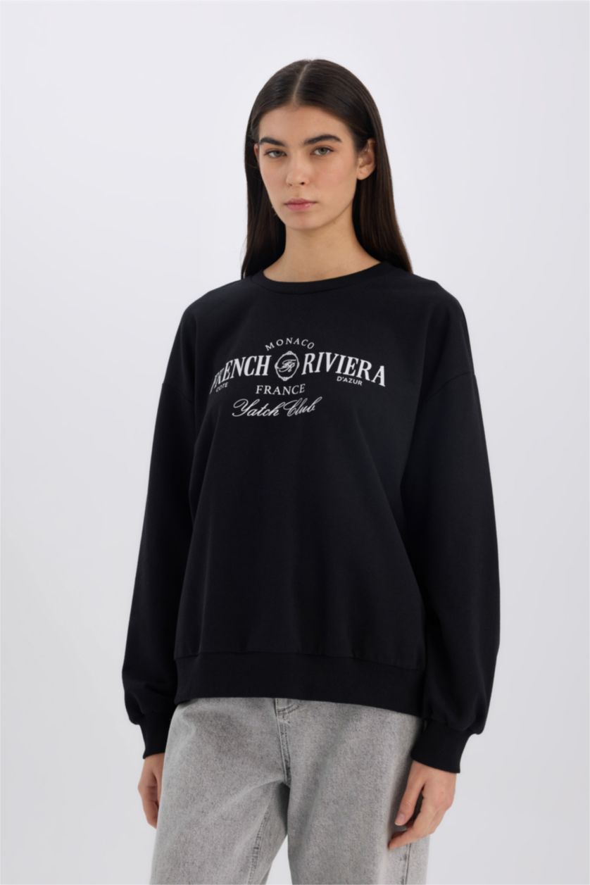 Kadın Siyah Relax Fit Bisiklet Yaka Baskılı Sweatshirt