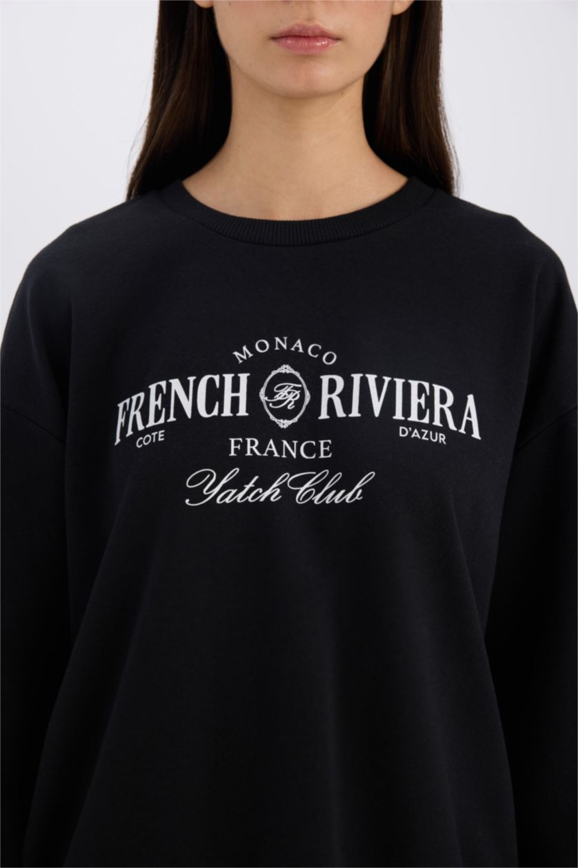 Kadın Siyah Relax Fit Bisiklet Yaka Baskılı Sweatshirt