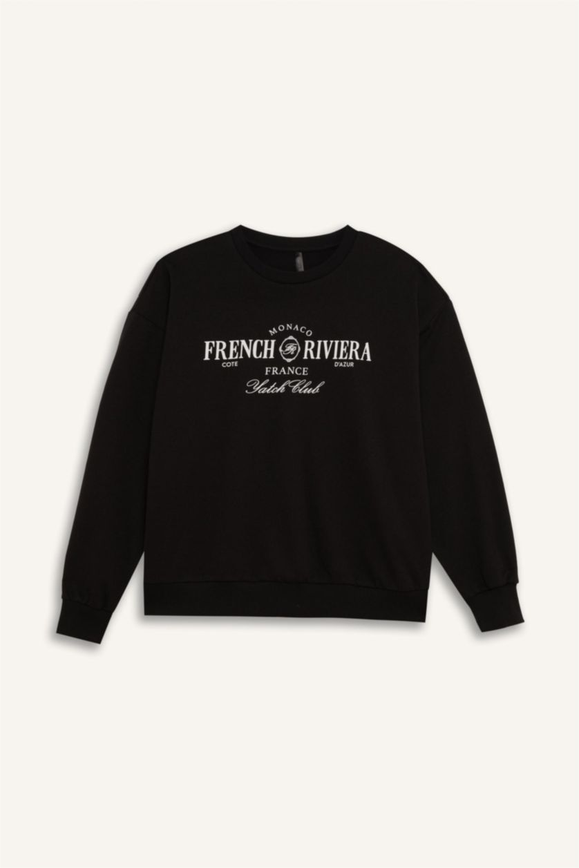 Kadın Siyah Relax Fit Bisiklet Yaka Baskılı Sweatshirt