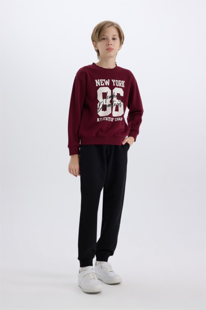 Erkek Çocuk - Genç Erkek Bordo Erkek Çocuk 2'li Takım Baskılı Sweatshirt Beli Lastikli Eşofman Altı