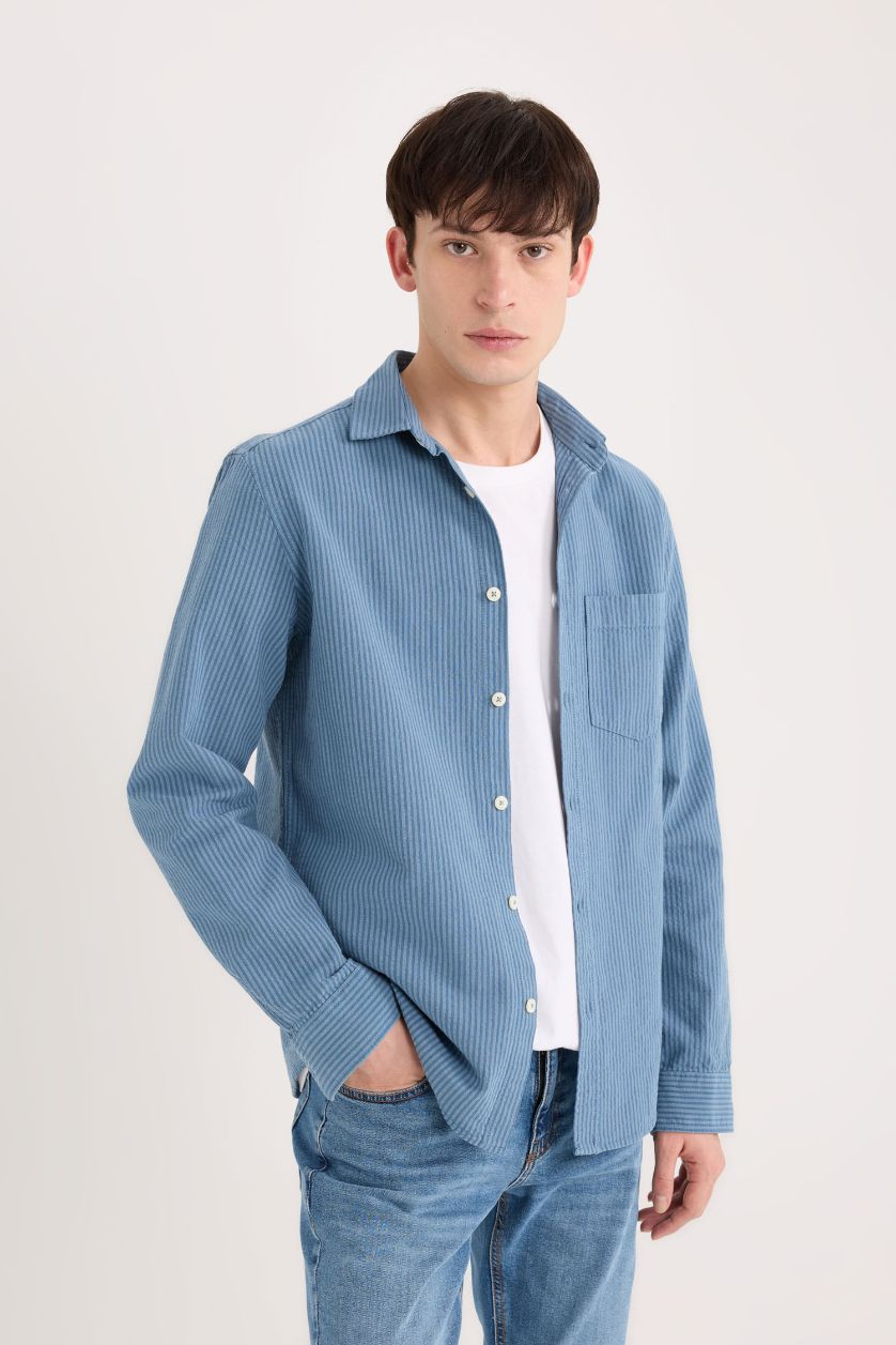 HOMME Indigo Clair Chemise à rayures en coton à manches longues Coupe régulière