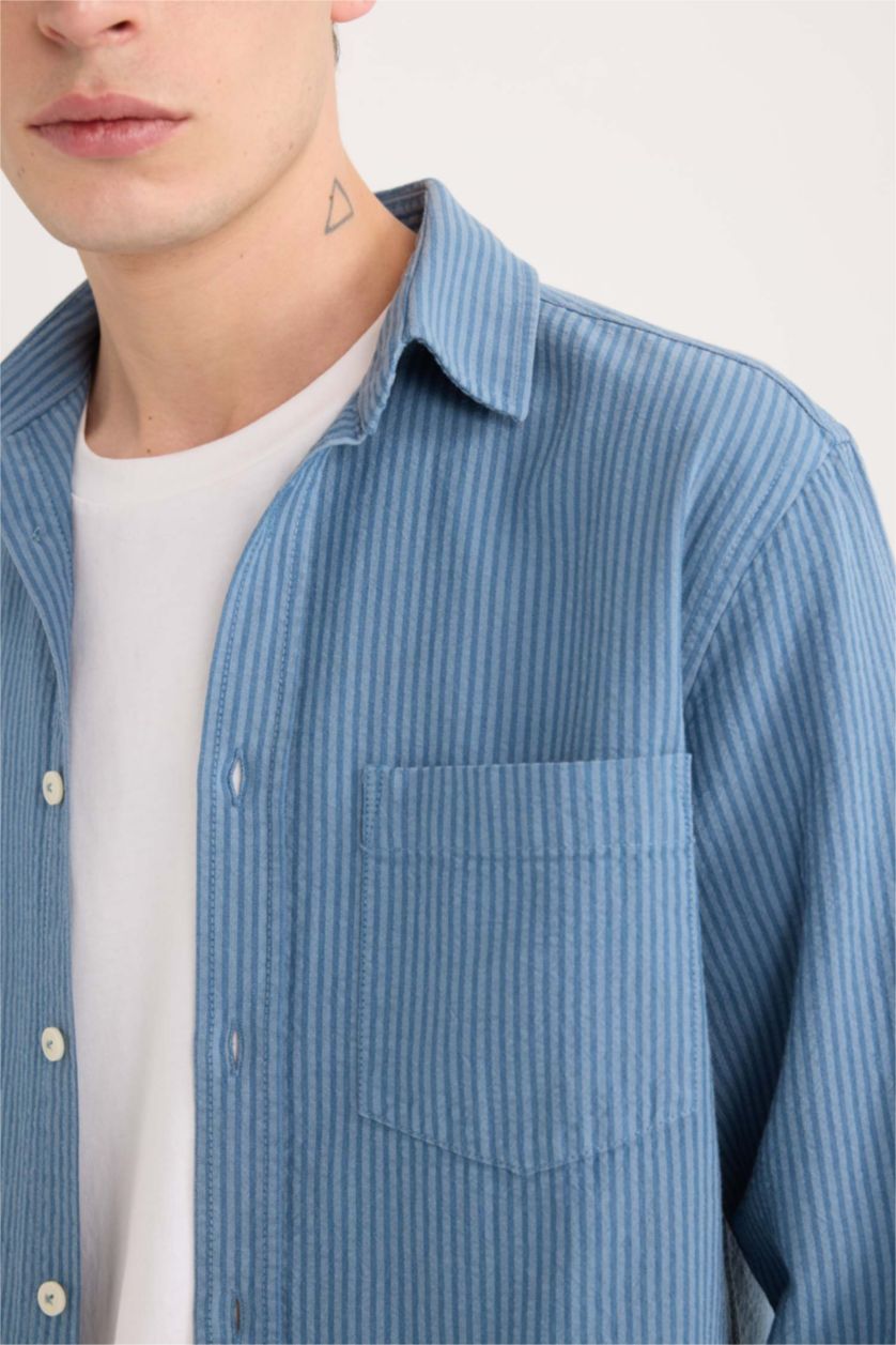 HOMME Indigo Clair Chemise à rayures en coton à manches longues Coupe régulière