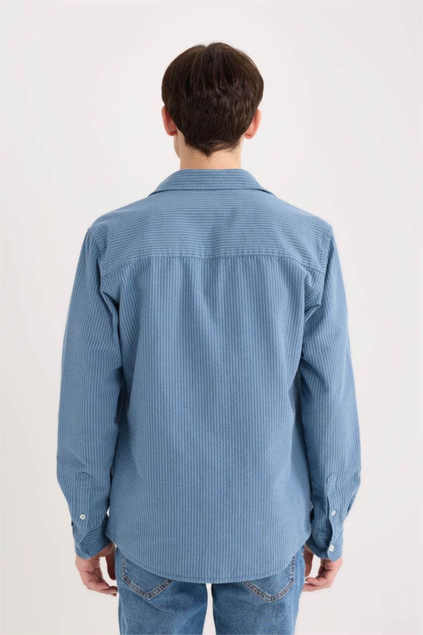 HOMME Indigo Clair Chemise à rayures en coton à manches longues Coupe régulière