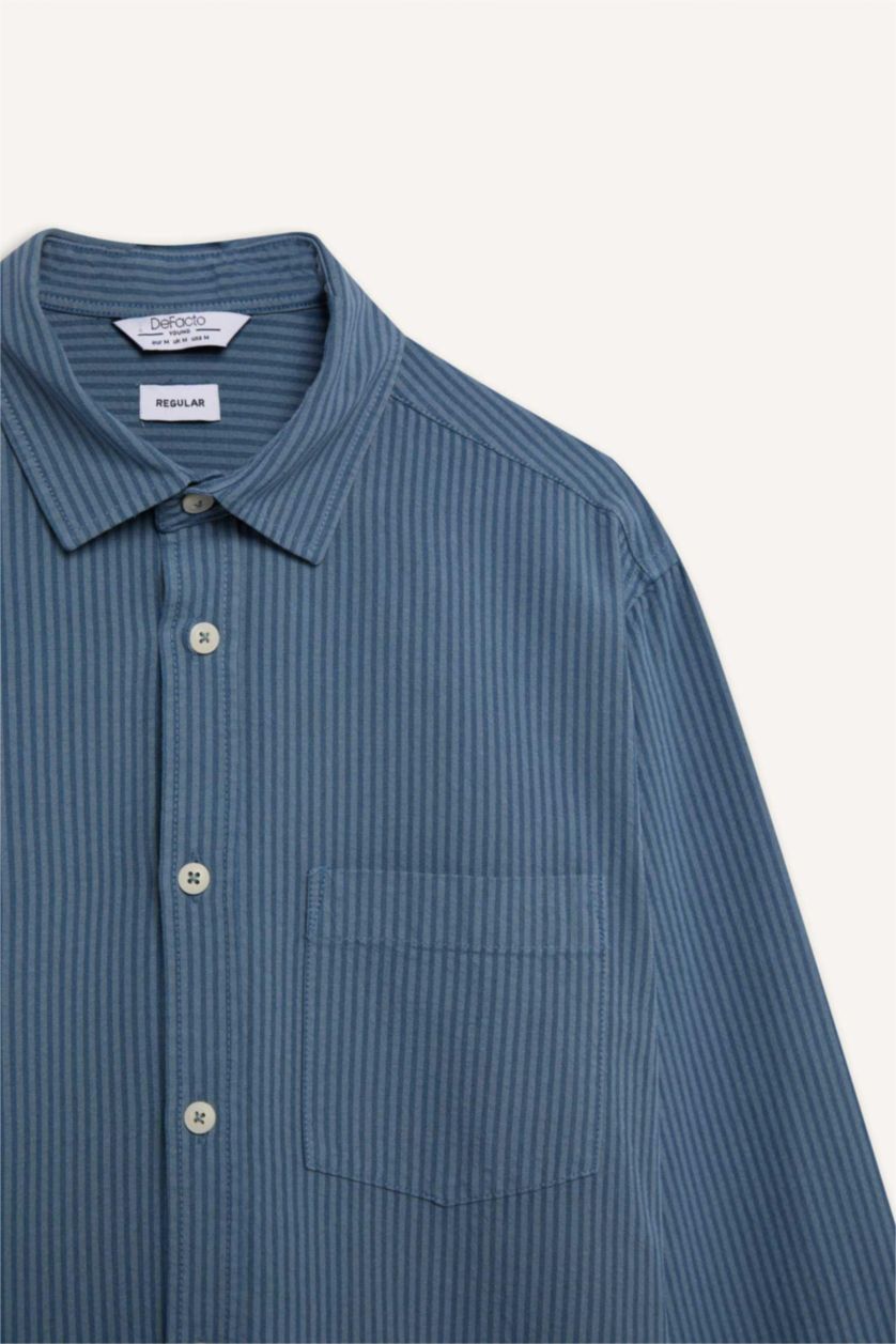 HOMME Indigo Clair Chemise à rayures en coton à manches longues Coupe régulière