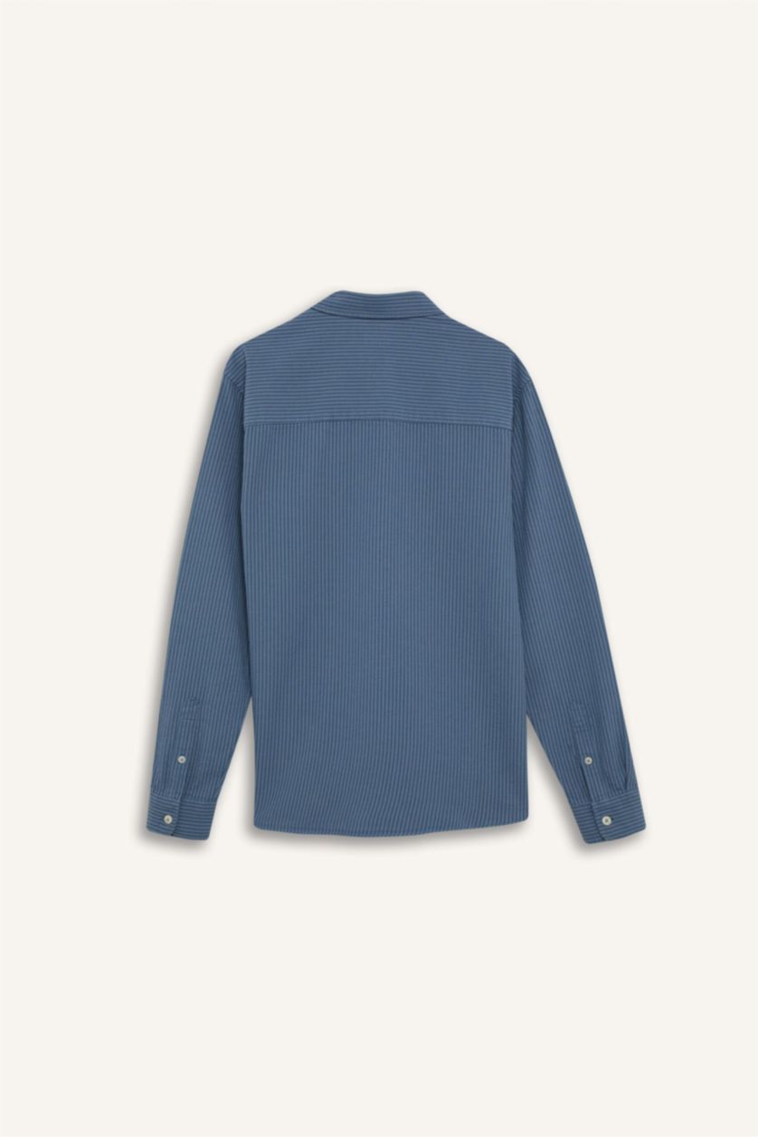 HOMME Indigo Clair Chemise à rayures en coton à manches longues Coupe régulière