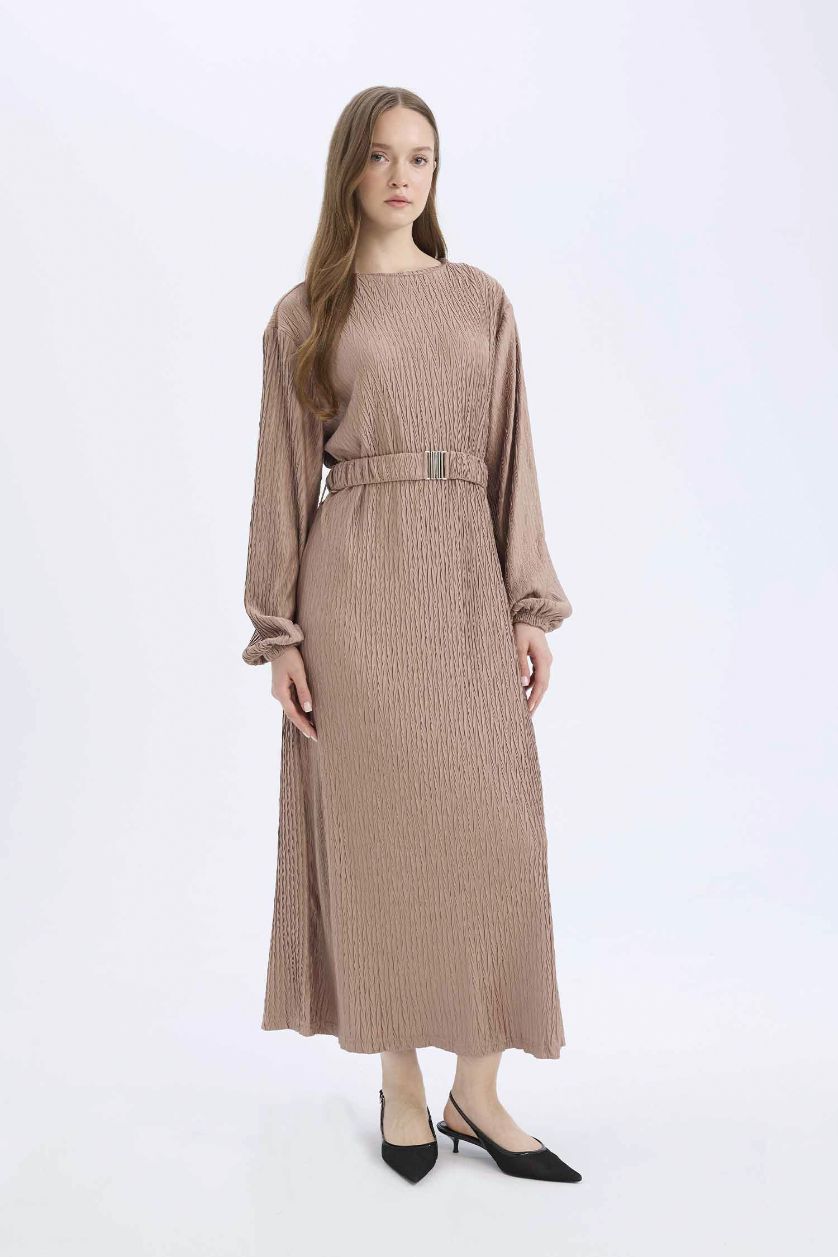 Woman Vison Regular Fit Crew Neck Pleat Dress